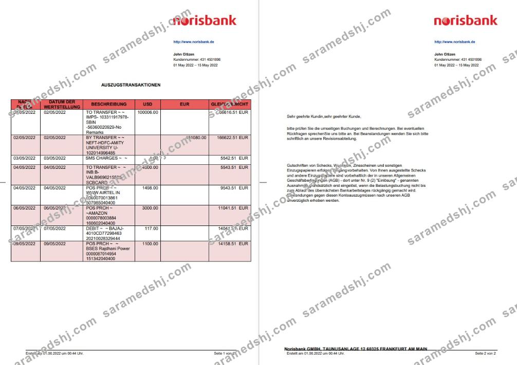 Germany Norisbank statement on Deutsch, 2 pages
